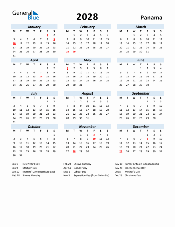 2028 Calendar for Panama with Holidays
