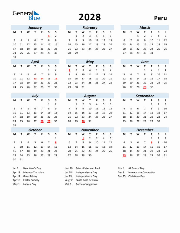2028 Calendar for Peru with Holidays