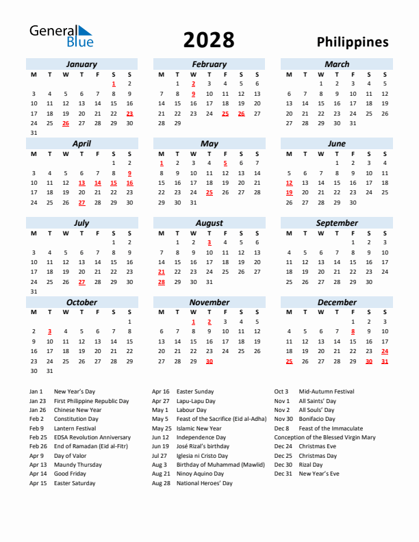 2028 Calendar for Philippines with Holidays