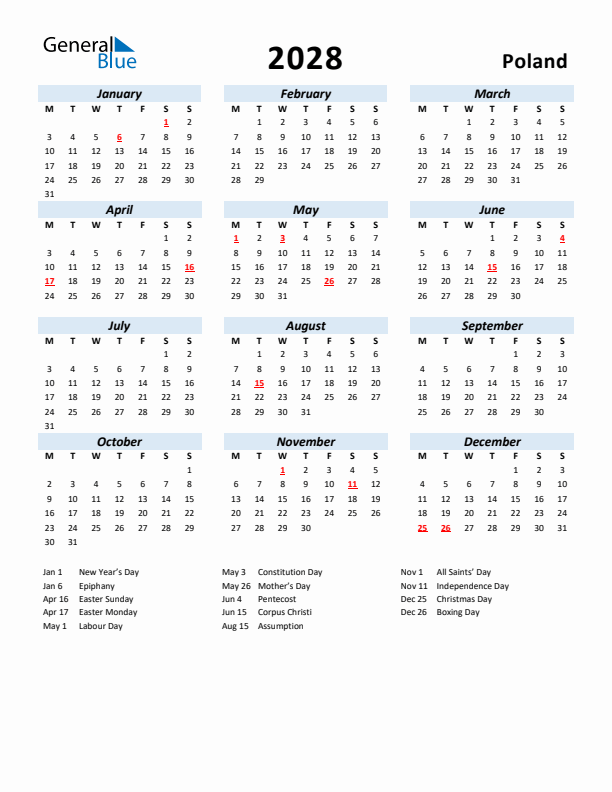 2028 Calendar for Poland with Holidays