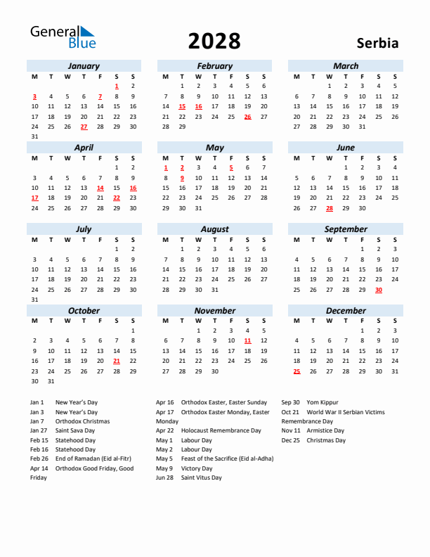 2028 Calendar for Serbia with Holidays