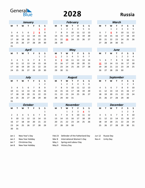 2028 Calendar for Russia with Holidays
