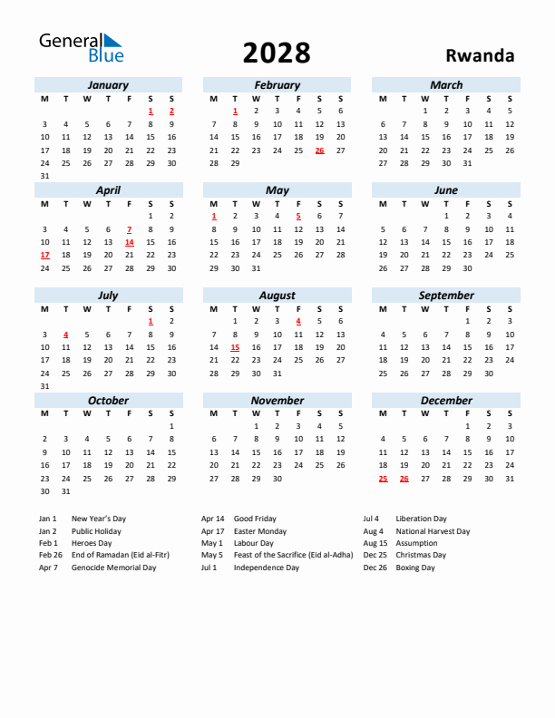 2028 Calendar for Rwanda with Holidays
