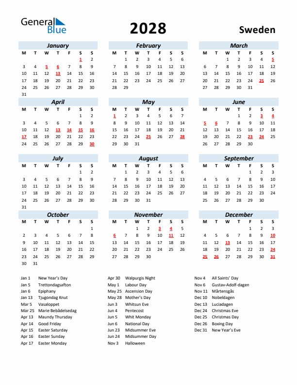 2028 Calendar for Sweden with Holidays