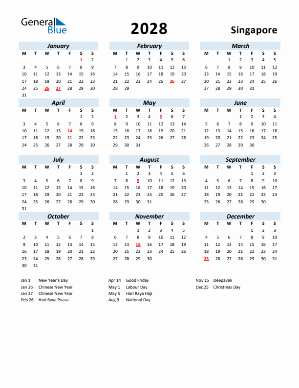 2028 Calendar for Singapore with Holidays