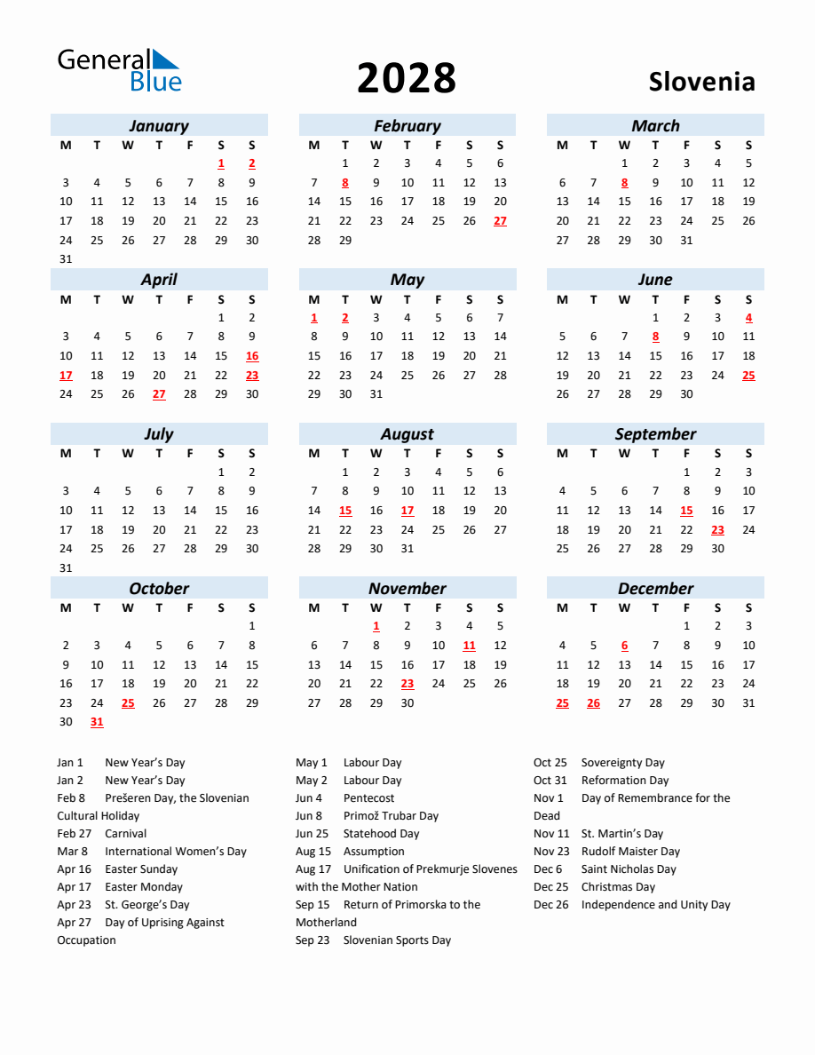 2028 Yearly Calendar for Slovenia with Holidays