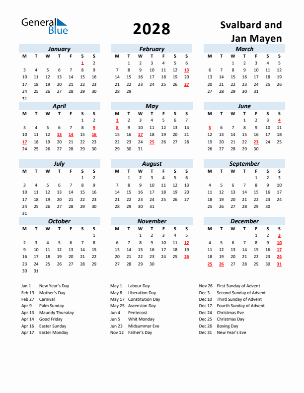 2028 Calendar for Svalbard and Jan Mayen with Holidays