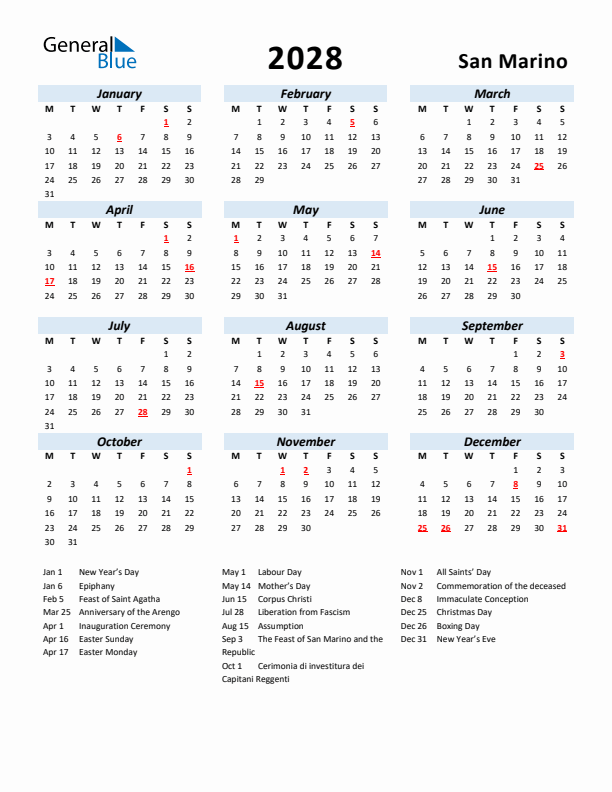 2028 Calendar for San Marino with Holidays