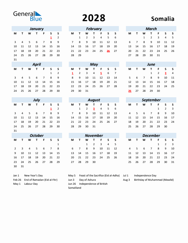 2028 Calendar for Somalia with Holidays