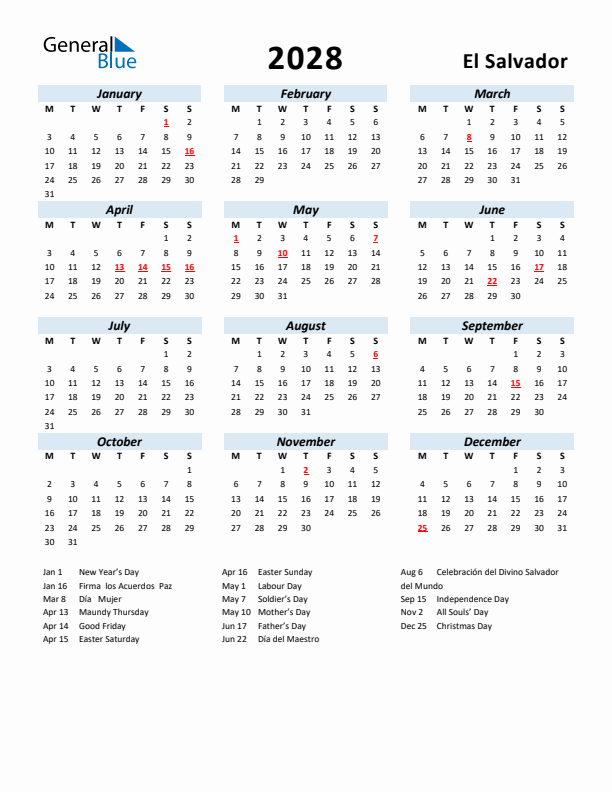 2028 Calendar for El Salvador with Holidays