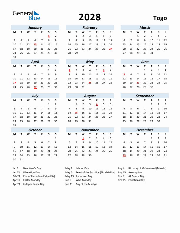 2028 Calendar for Togo with Holidays