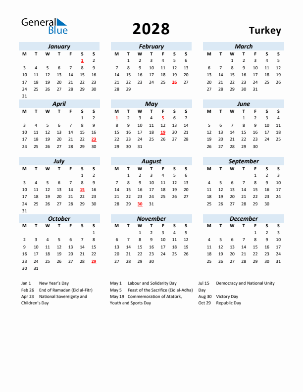 2028 Calendar for Turkey with Holidays