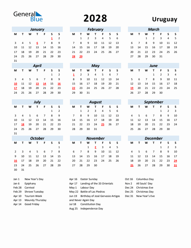 2028 Calendar for Uruguay with Holidays
