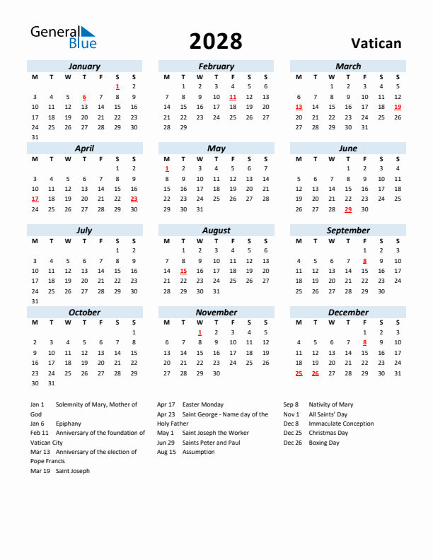 2028 Calendar for Vatican with Holidays