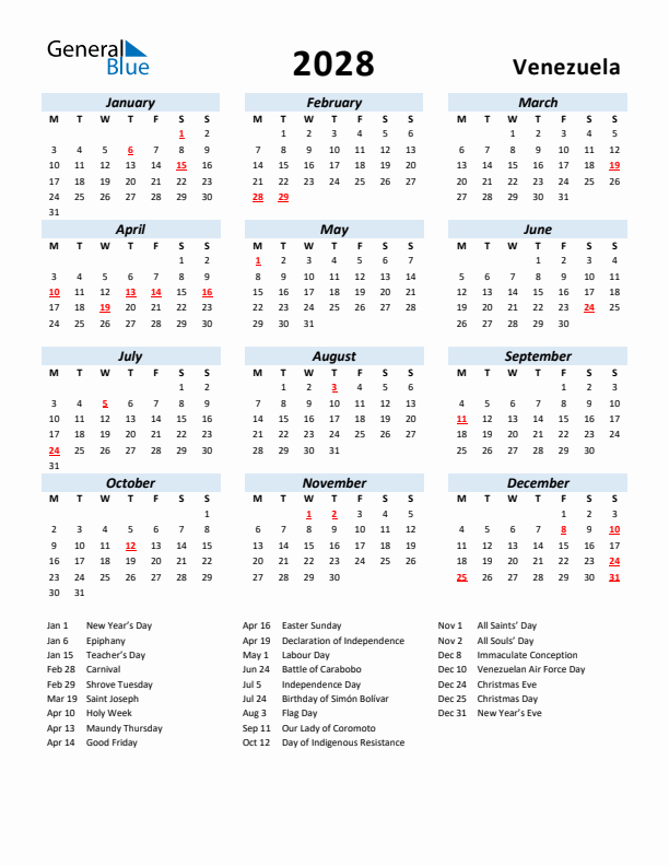 2028 Calendar for Venezuela with Holidays