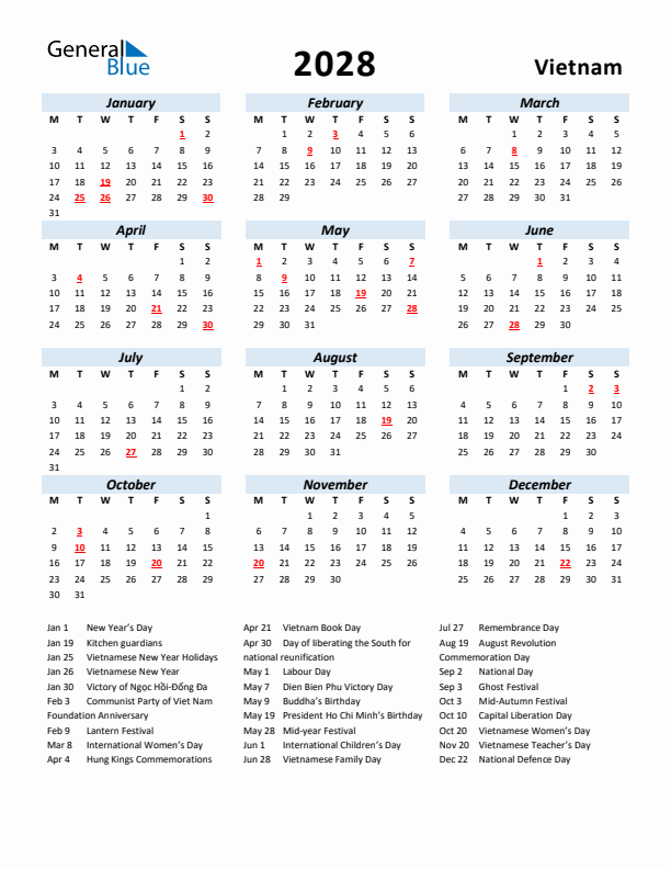 2028 Calendar for Vietnam with Holidays