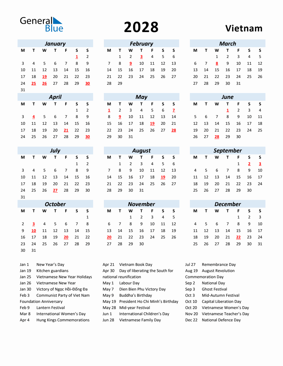 2028 Yearly Calendar for Vietnam with Holidays