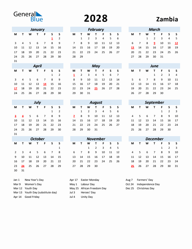 2028 Zambia Calendar With Holidays