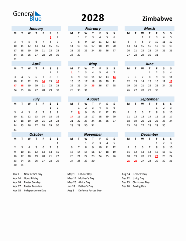 2028 Calendar for Zimbabwe with Holidays