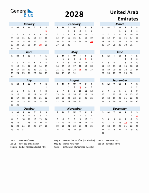 2028 Calendar for United Arab Emirates with Holidays