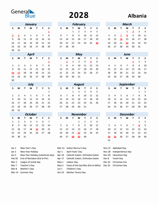 2028 Calendar for Albania with Holidays