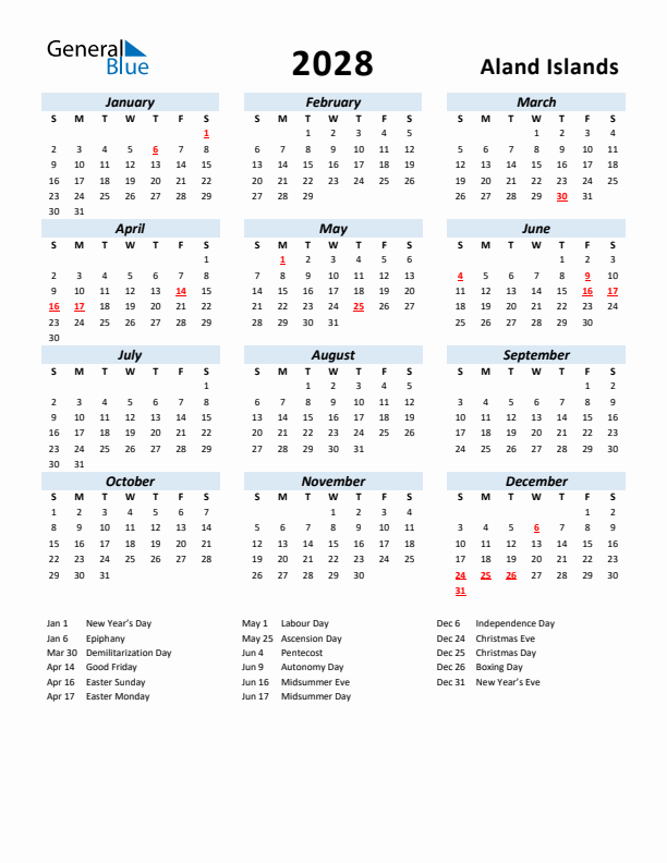 2028 Calendar for Aland Islands with Holidays