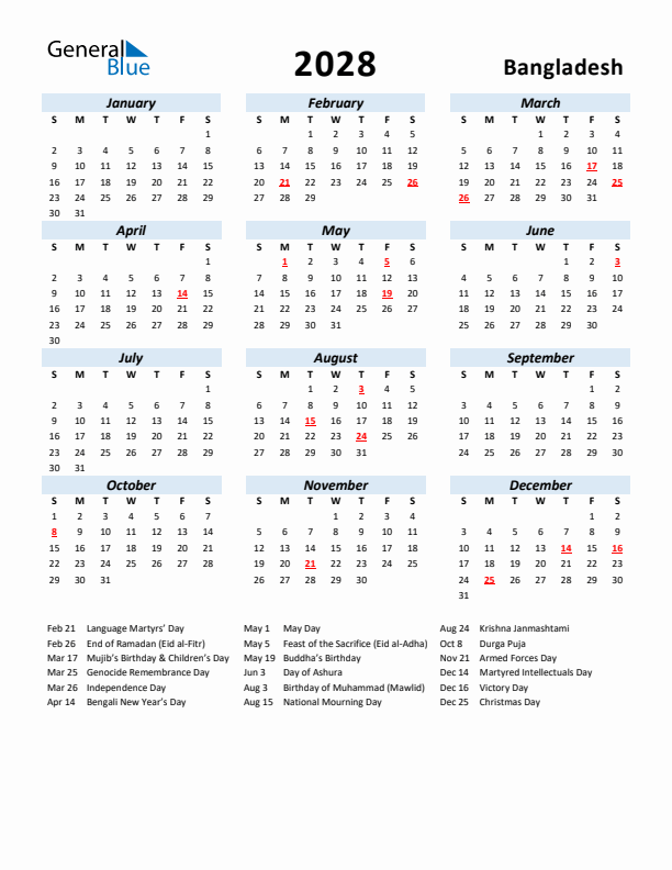 2028 Calendar for Bangladesh with Holidays