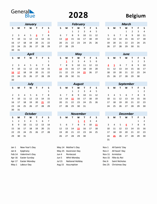 2028 Calendar for Belgium with Holidays