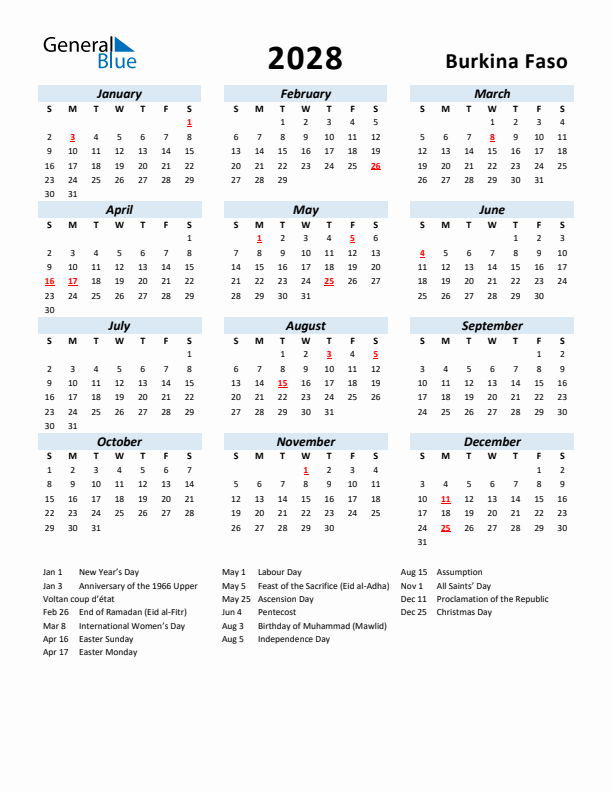 2028 Calendar for Burkina Faso with Holidays