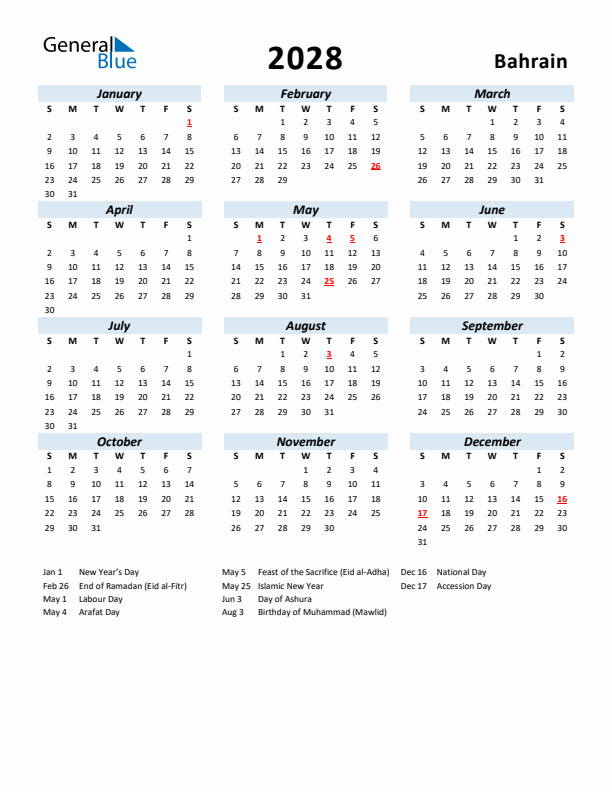 2028 Calendar for Bahrain with Holidays