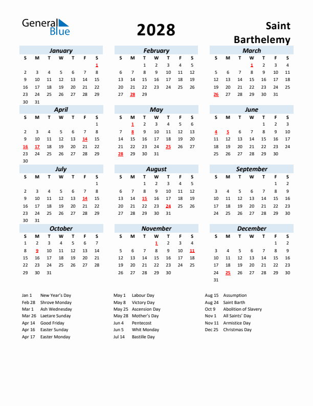 2028 Calendar for Saint Barthelemy with Holidays