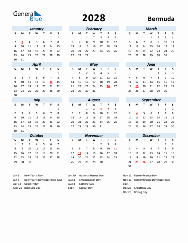 2028 Calendar for Bermuda with Holidays