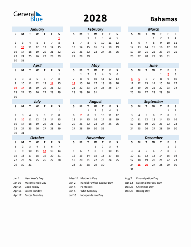 2028 Calendar for Bahamas with Holidays