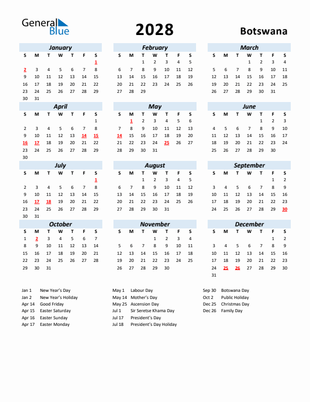 2028 Calendar for Botswana with Holidays