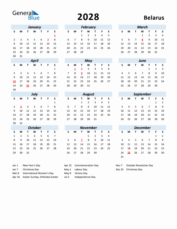 2028 Calendar for Belarus with Holidays