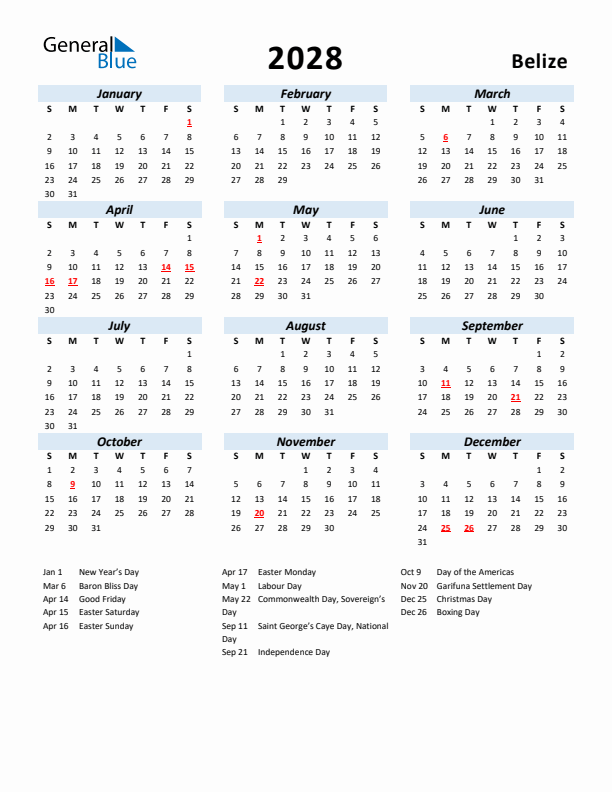 2028 Calendar for Belize with Holidays