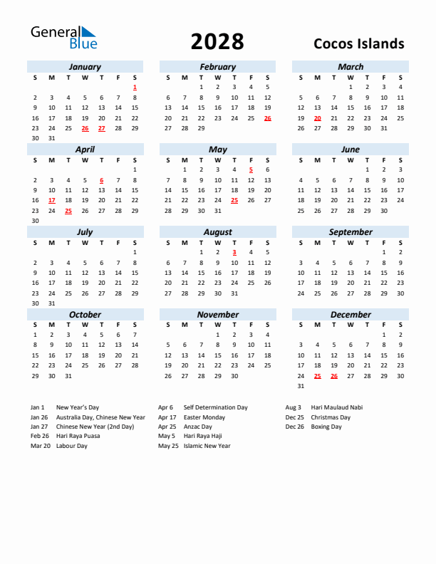 2028 Calendar for Cocos Islands with Holidays