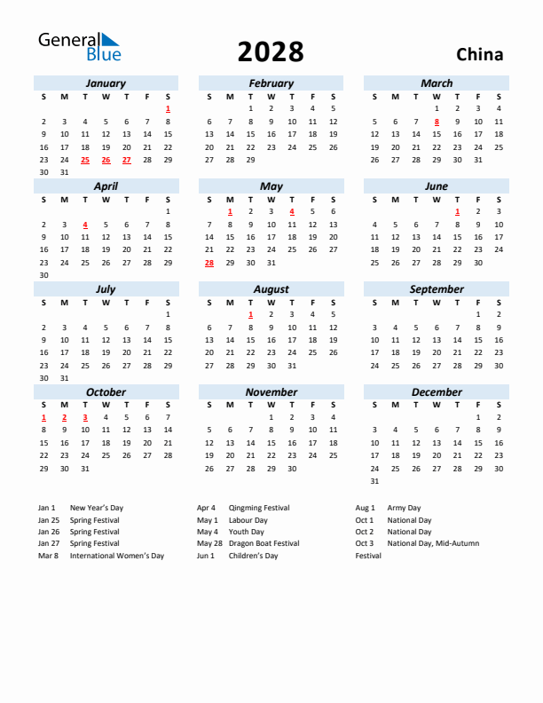 2028 Calendar for China with Holidays
