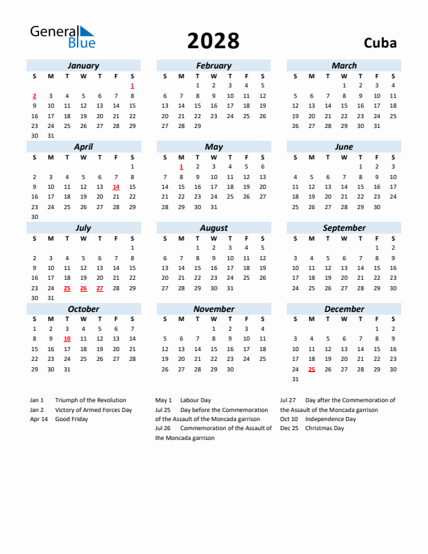 2028 Calendar for Cuba with Holidays