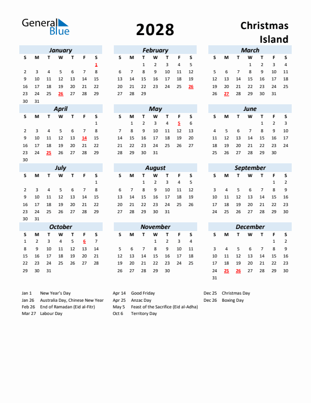 2028 Calendar for Christmas Island with Holidays