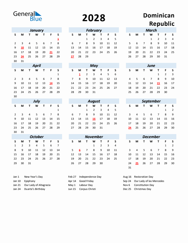 2028 Calendar for Dominican Republic with Holidays