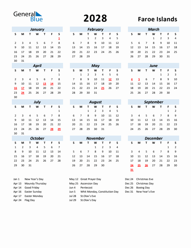 2028 Calendar for Faroe Islands with Holidays