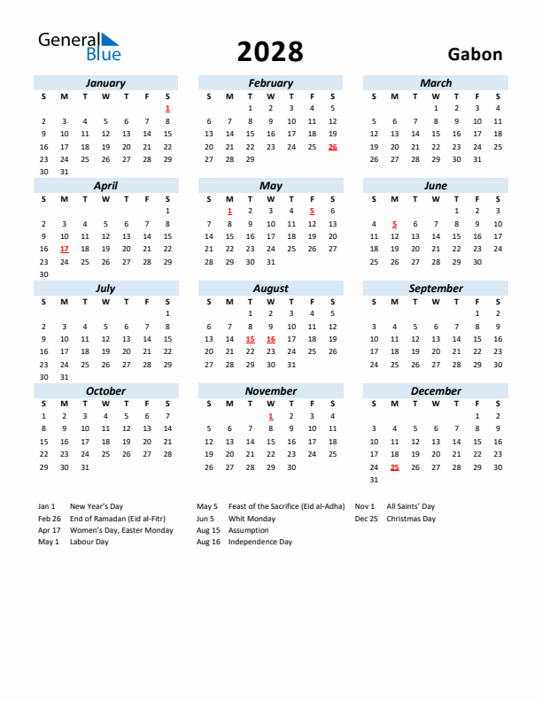 2028 Calendar for Gabon with Holidays