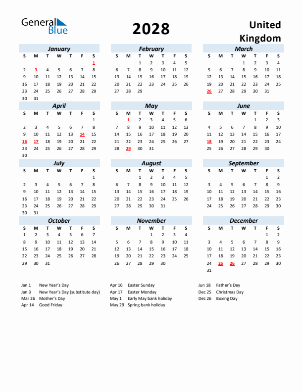 2028 Calendar for United Kingdom with Holidays