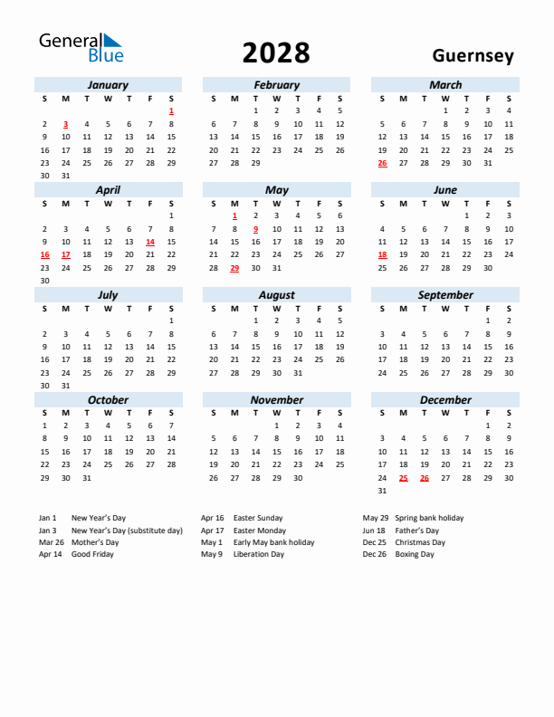 2028 Calendar for Guernsey with Holidays