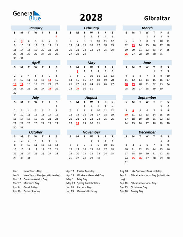 2028 Calendar for Gibraltar with Holidays