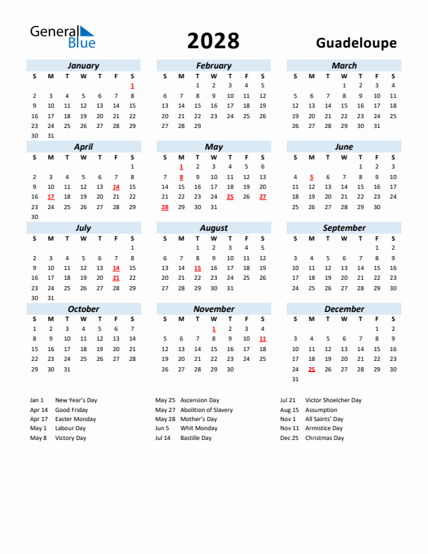 2028 Calendar for Guadeloupe with Holidays