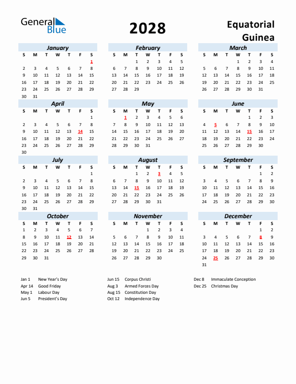 2028 Calendar for Equatorial Guinea with Holidays