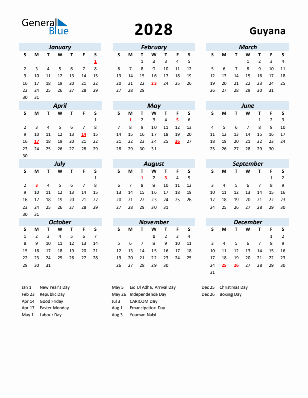 2028 Calendar for Guyana with Holidays