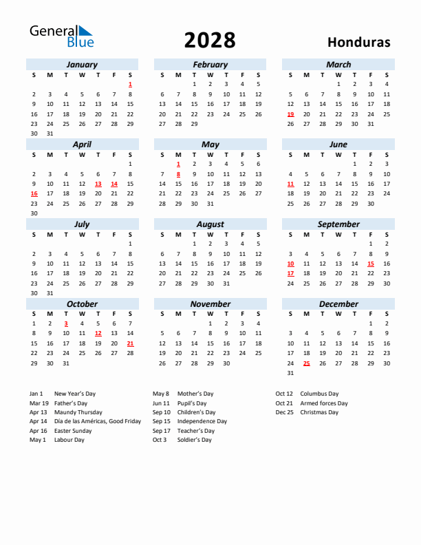 2028 Calendar for Honduras with Holidays